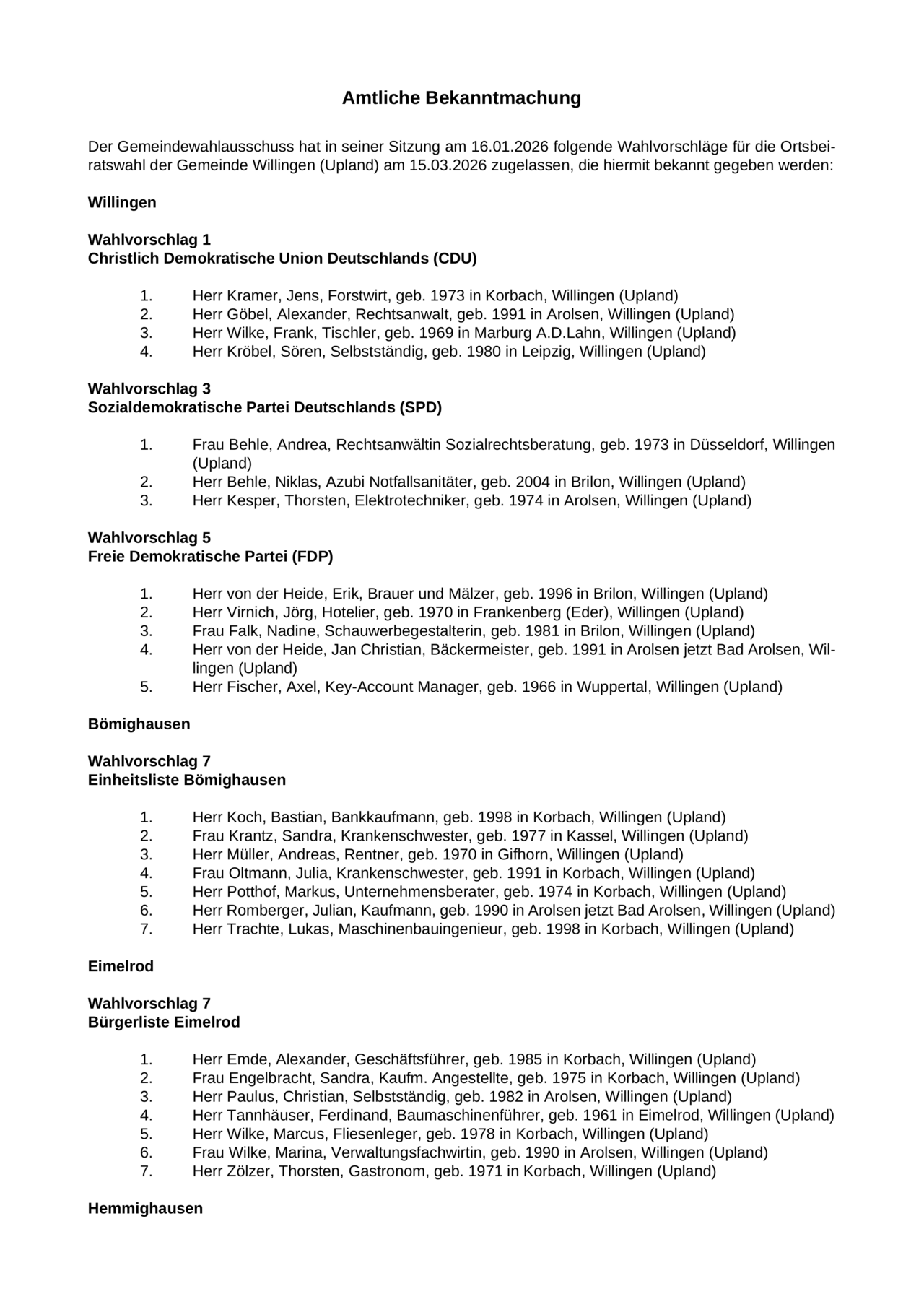 Zugelassene Wahlvorschläge Ortsbeirat